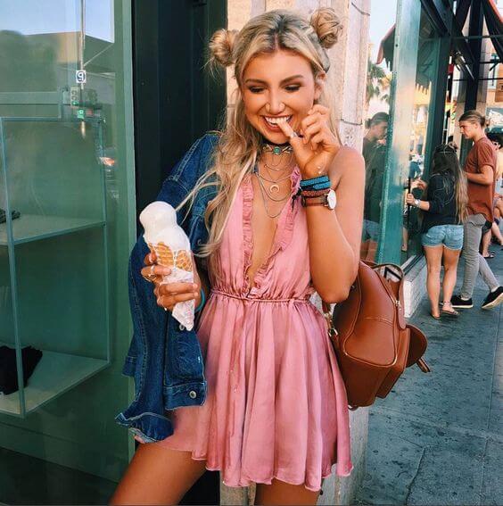 blonde woman in pink dress with ice cream